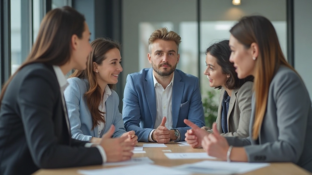 Команда профессионалов обсуждает стратегию организации информации на встречи в конференц-зале