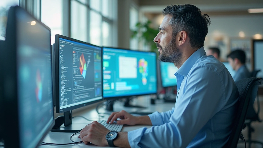 Фото профессионала в современном офисе, анализирующего информационные системы и организационные структуры