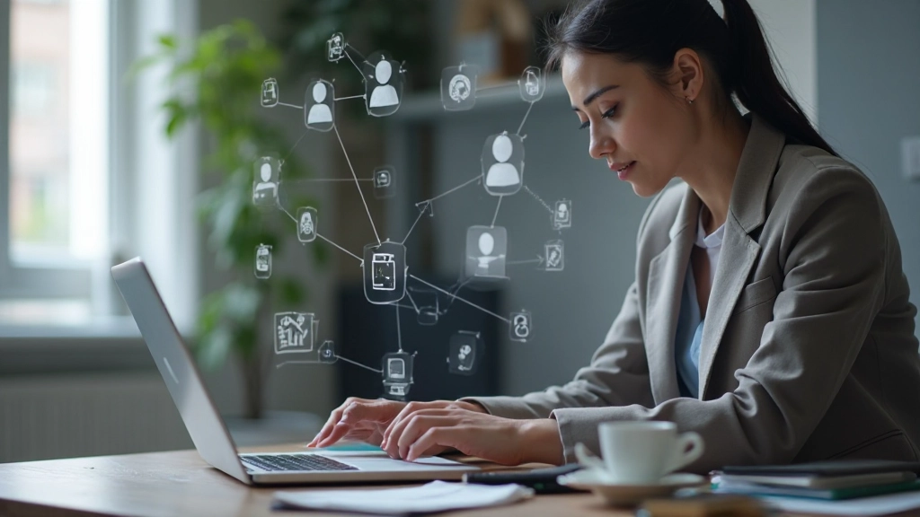 Профессиональное рабочее пространство с ноутбуком и системой управления знаниями на экране